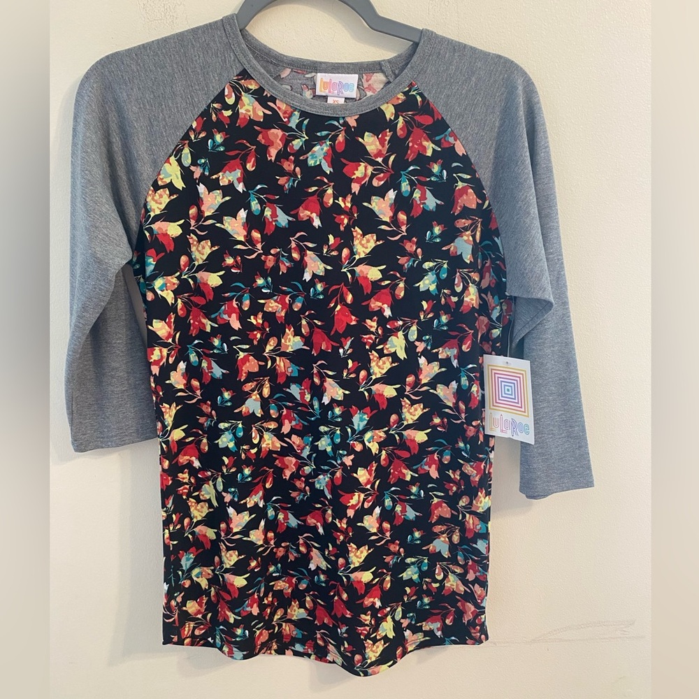 New NWT Lularoe Randy Floral Gray‎ Sleeve Baseball 3/4 Sleeve Tee Size XS